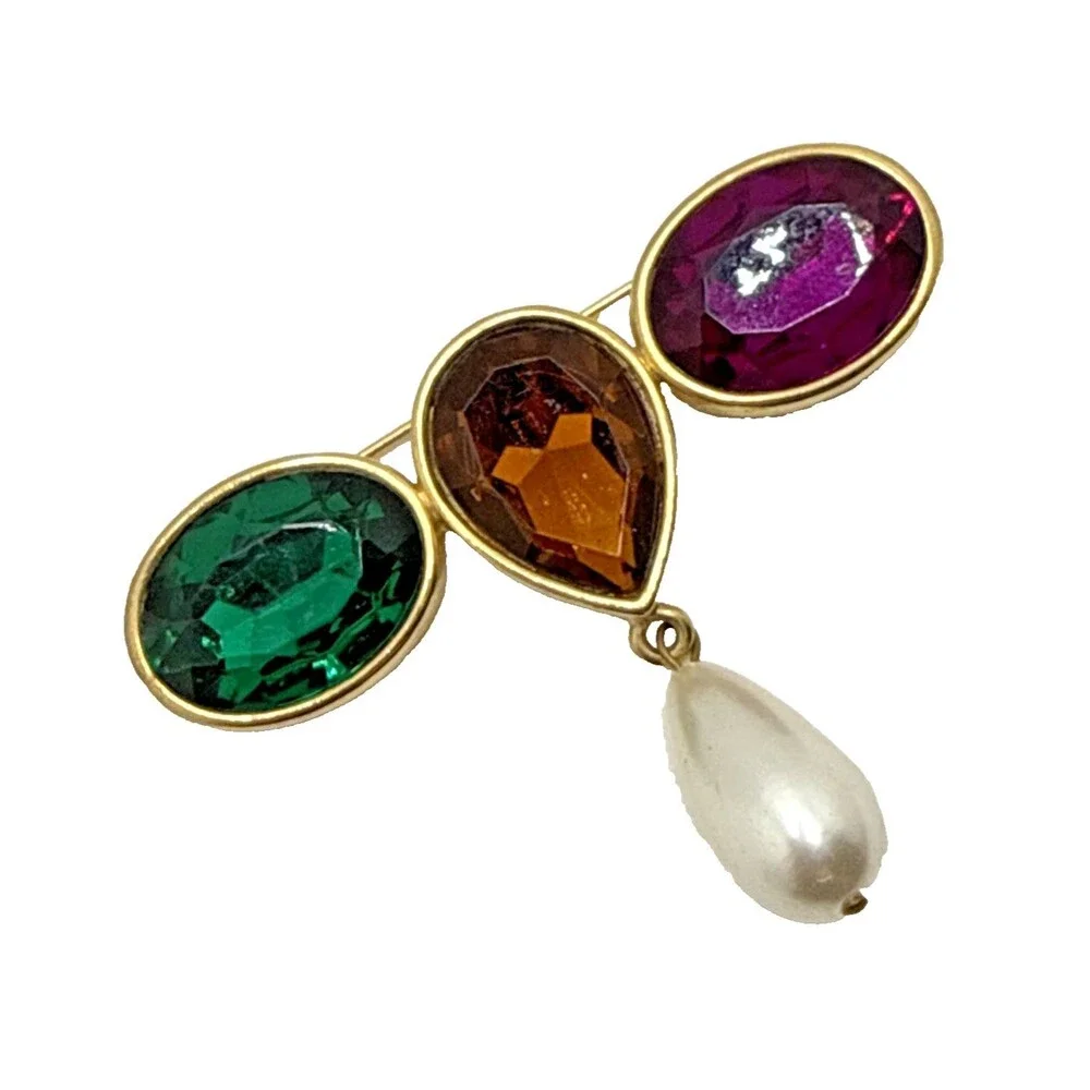 Vintage Rhinestone Gold Tone Bar Brooch Art Deco Chunky Green Amber Purple 3